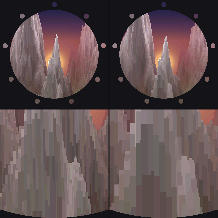 Matching terrain views and enlarged crops, with finely sampled ridges on the left and coarse steps on the lower-quality right.