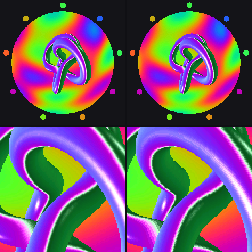 Two renders of the chrome torus compared; with the smaller environment map the reflections on the tube are blurrier and blockier.