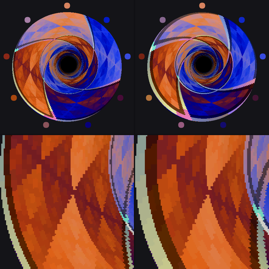 Paired tunnel renders with enlarged crops: the 128 by 128 texture has finer bevelled seams than the 64 by 64 texture.