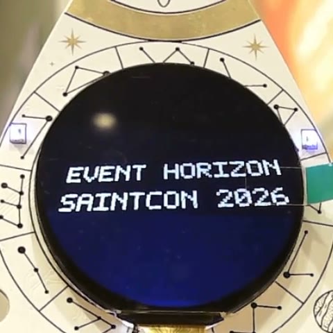 The badge display reading EVENT HORIZON above SAINTCON 2026 in white block letters.