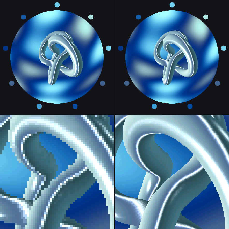 Side-by-side renders of the chrome torus knot: the upscaled 180 by 180 version is visibly blocky, the native 360 by 360 version is smooth.